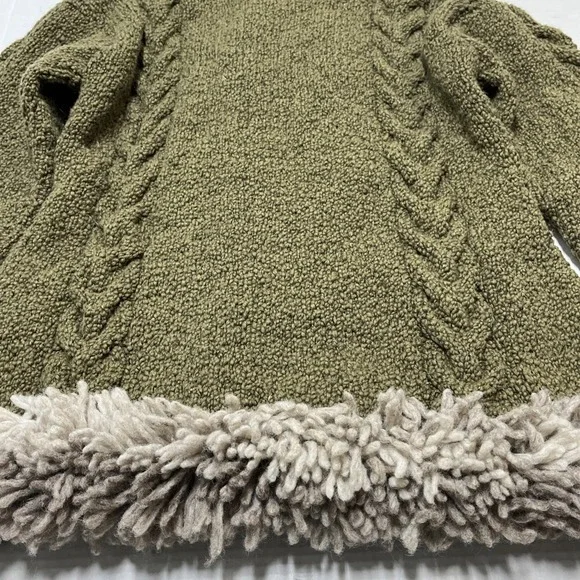 Mitmak Jacket Womens L Green Wool Cable‎ Knit Faux Fur Trim Hooded Indie Boho